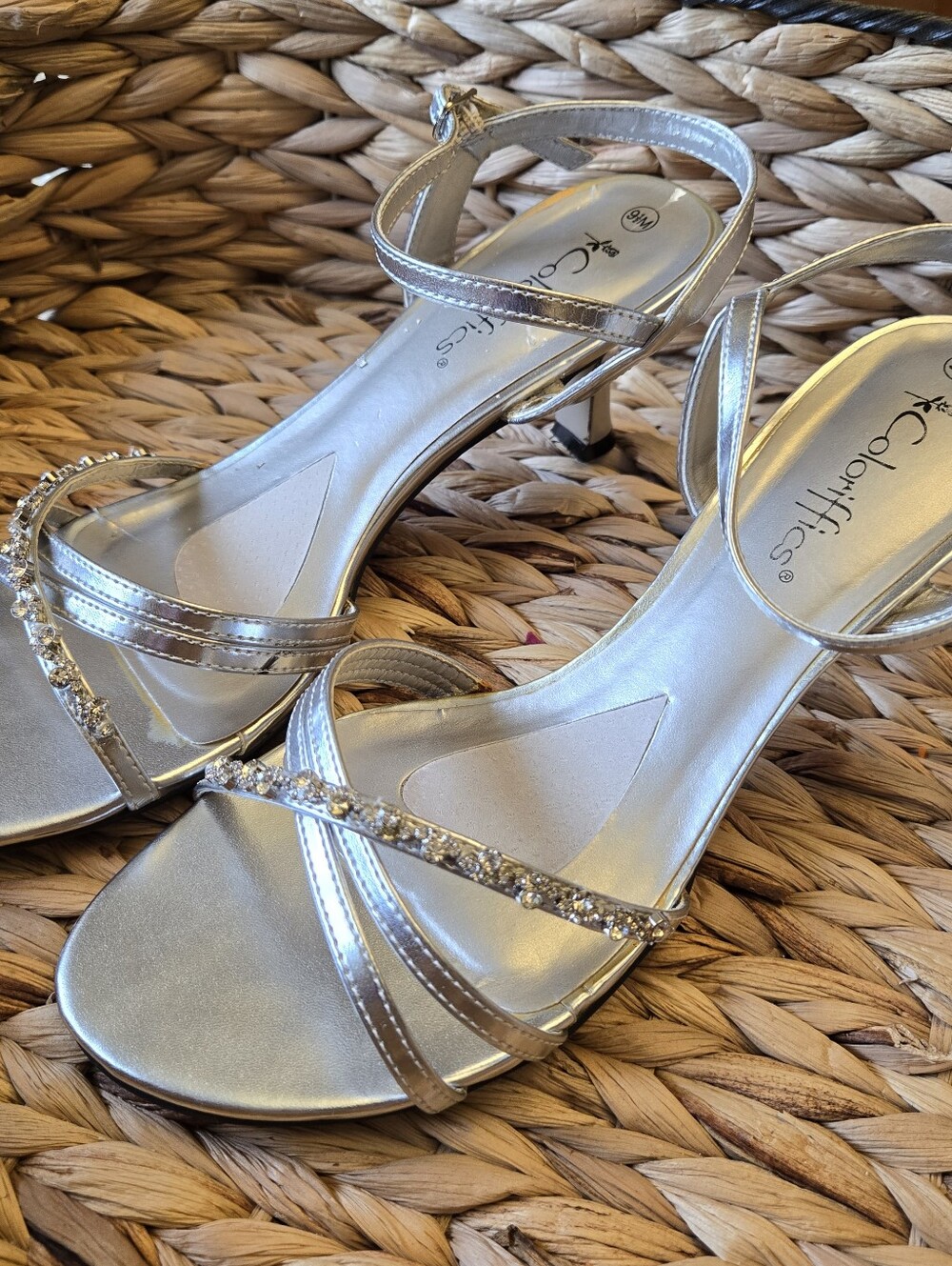 Coloriffics Silver Rhinestone Strappy Slingback Sandals Heels Size 9.5M Wedding